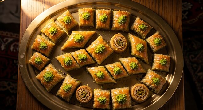 Golden Pastry Squares with Pistachio Topping on Large Tray
