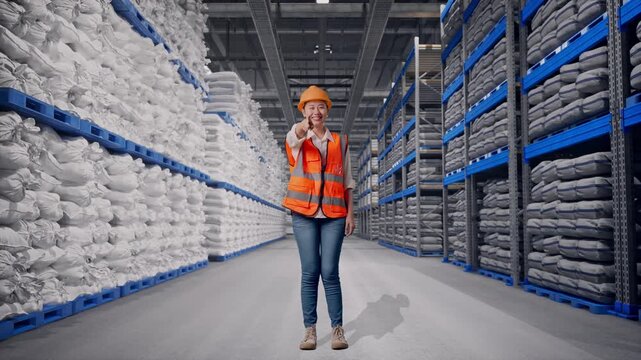 Full Body Of Asian Female Engineer With Safety Helmet Smiling And Touching Her Chest Then Pointing At You While Standing at Warehouse Storage with Stacked White Sacks