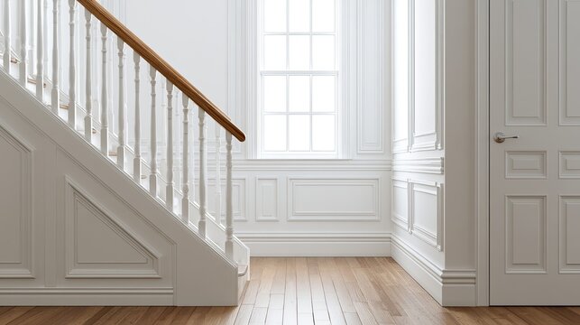 Bright, elegant interior with wooden stairs, ornate wainscoting, and a window