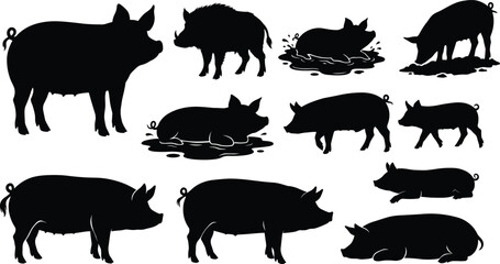 Pig silhouette vector set with wild boar and piglets isolated on white background © MdMamunur