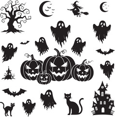 Fototapeta premium Halloween silhouettes set with spooky pumpkins ghosts bats, halloween