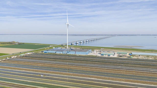 Kats, Zeeland, Netherlands - 08 April 2026: Aerial view of Fish Farm Basins near Zeelandbrug in Zeeland