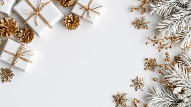 White wrapped gifts and golden festive decorations on white background