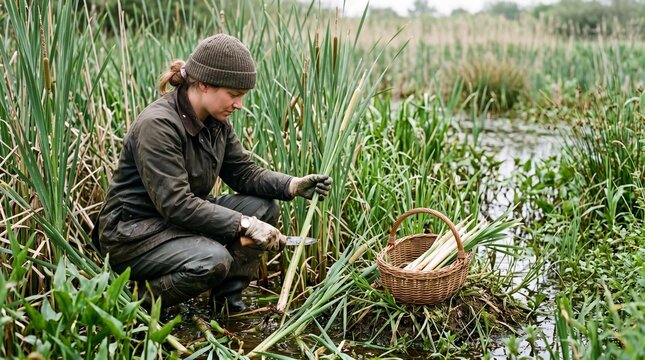 Woman harvesting wild edible cattail shoots in a wetland marsh with basket