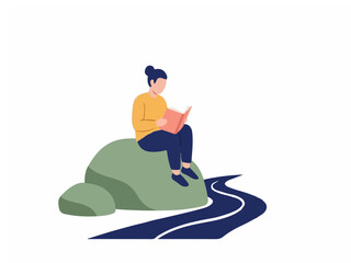 Obraz premium Flat Illustration of a Young Woman Sitting on a Rock Reading a Book Near a Winding Path Outdoors