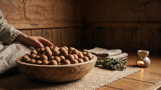Healing clay sauna wellness ritual with traditional clay balls and aroma lamp