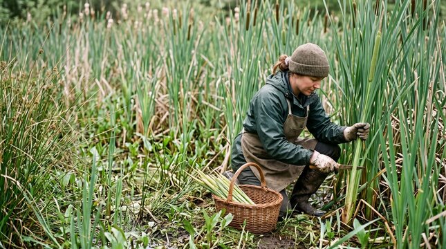 Woman foraging wild cattail shoots in a wetland marsh during harvest season
