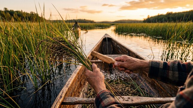 Traditional wild rice harvesting from a wooden canoe during a golden sunset