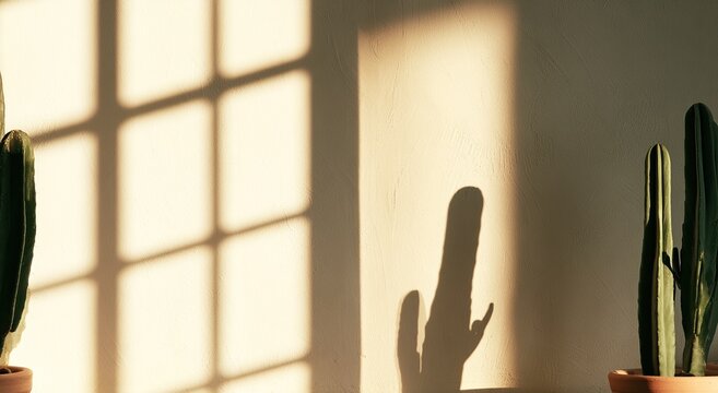 Sunlight casts grid shadows and cactus silhouettes on a textured wall