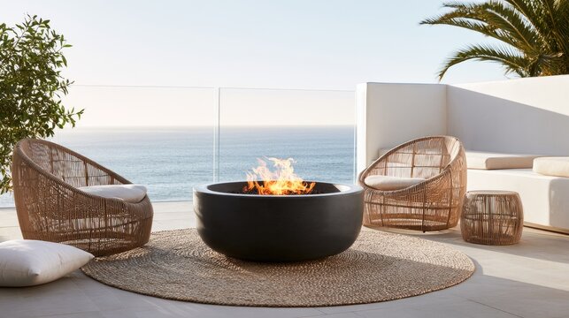 Modern outdoor patio with ocean view, fire pit, and seating