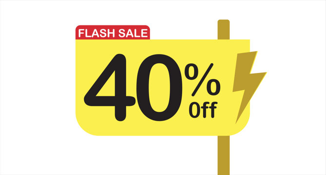 Flash sale promotional graphic vector template featuring a yellow wooden signpost sign with bold 40 percent off discount typography and a lightning bolt icon on a white background.
