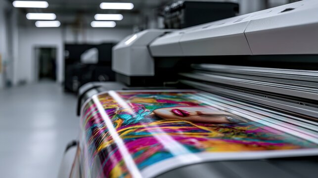 A large format printer producing a vibrant, colorful poster featuring a close-up of a woman's face with bright lipstick and abstract background.