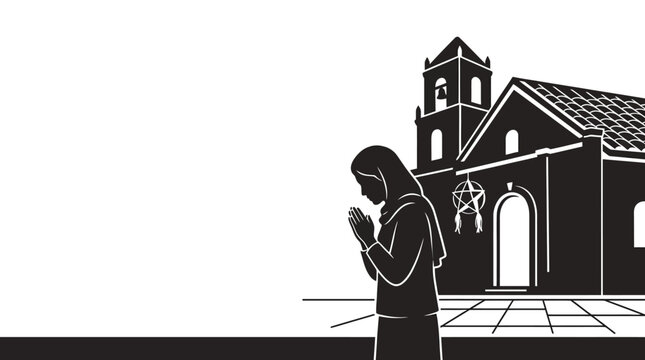 Foggy church silhouette vector illustration inspired by Church of the Holy Sepulchre and Holy Trinity, featuring people icons, woman, boy, couple, family love, business and shadow art