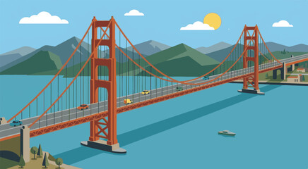 Fototapeta premium The iconic Golden Gate Bridge stands tall in San Francisco Bay under a sunny sky with mountains.