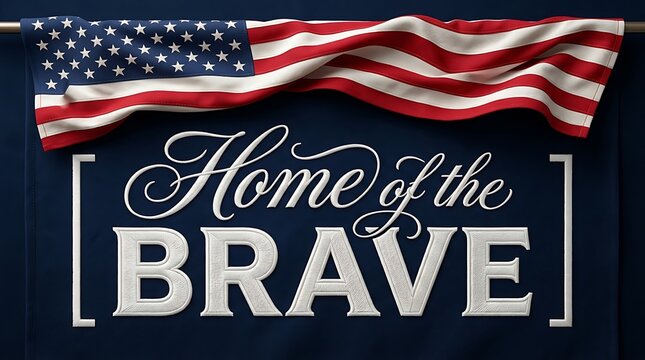 A draped american flag hangs from a rod above the white text home of the brave enclosed in square brackets on a dark blue background, creating a formal and patriotic t-shirt poster