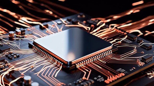 Closeup of a circuit board with a central chip