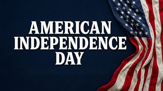 A high-angle view of a folded and draped united states flag positioned on the right side against a dark blue background, featuring bold white text that reads american t-shirt poster