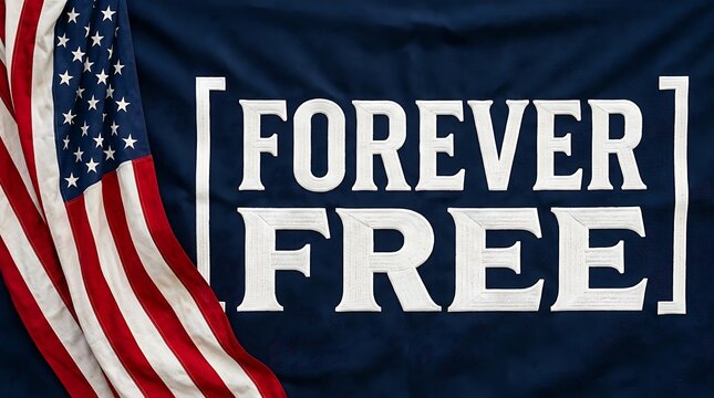 A united states flag draped vertically on the left side against a dark blue fabric background, with the white, text forever free, enclosed in square, brackets in a, bold, t-shirt poster