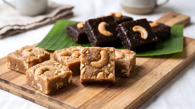 Sri Lankan milk toffee and dodol sweets on a wooden board