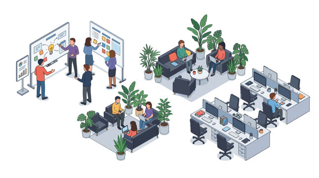 Isometric view of a modern office space with collaborative and focused work zones