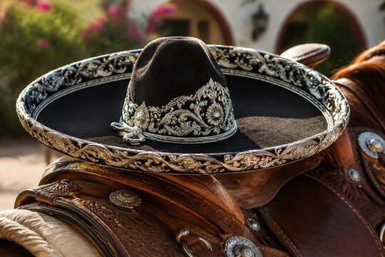 An ornate Mexican charro hat resting on a leather saddle.