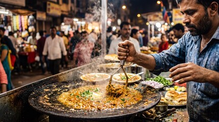 Obraz premium Indian chef cooking sizzling Pav Bhaji on a hot tawa at a night street market
