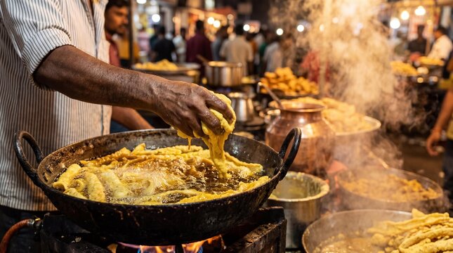 Vendor deep frying traditional Indian fafda snack in sizzling hot oil wok