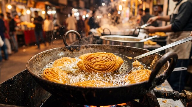 Frying traditional Indian khaja sweet pastry in hot oil at a night market