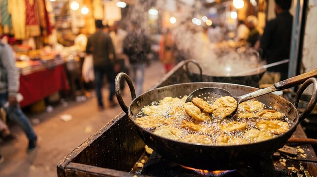 Sizzling Indian street food mathri deep frying in a traditional karahi wok.