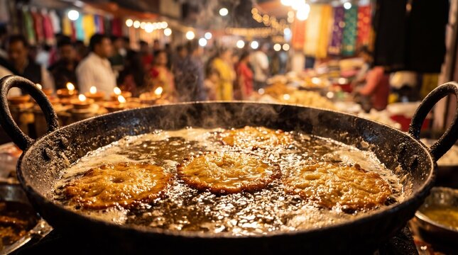 Sizzling Indian malpua sweets frying in hot oil at a Diwali night market