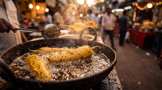 Sizzling mirchi bajji deep frying in hot oil at an Indian street food stall