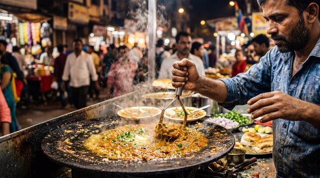 Indian chef cooking sizzling Pav Bhaji on a hot tawa at a night street market