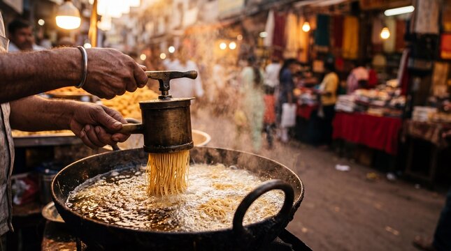 Vendor pressing sev maker to fry traditional Indian Diwali snack in hot oil