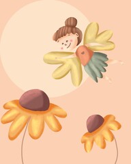 Cute Little Fairy Girl with Wings Flying Over Yellow Flowers in a Whimsical Magical Garden Illustration