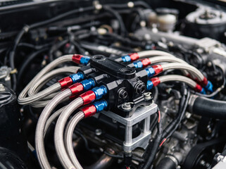 Modern high performance car engine compartment with custom braided hoses