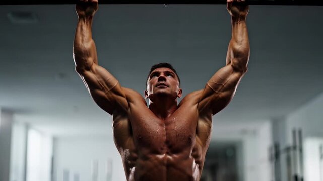 Muscular man performing pull ups on a horizontal bar in a modern gym setting