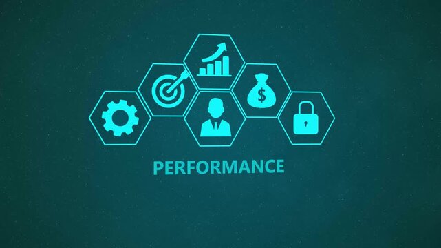 Performance Analytics Infographic Animation with Business Intelligence Icons and Enterprise Metrics Network on Dark Background 4K black background visuals