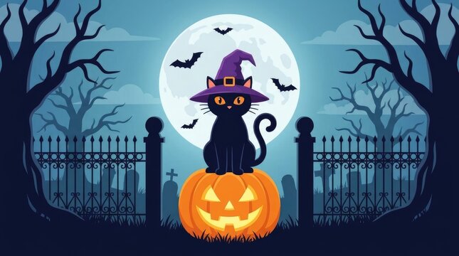 Black cat in witch hat on jack-o'-lantern under full moon
