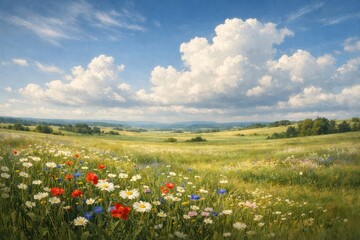 Fototapeta premium Vibrant wildflowers under vast sky.
