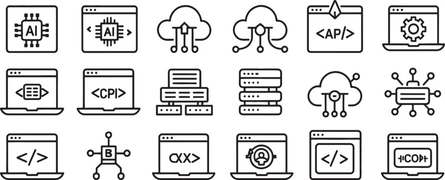 Computer and Server Network Icons Set with Ai Chips Cloud Networking and Code Brackets for Technology Concepts