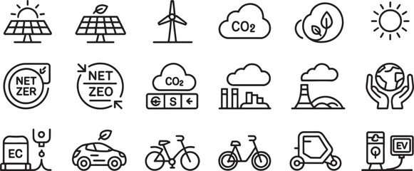 Fototapeta premium Climate Technology Icons Set with Solar, Wind, Co2 Clouds, Eco Leaves, and Transport Ev Charging Symbols