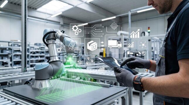 Industrial automation and smart manufacturing, worker monitoring robotic arm on assembly line with tablet, supply chain logistics management