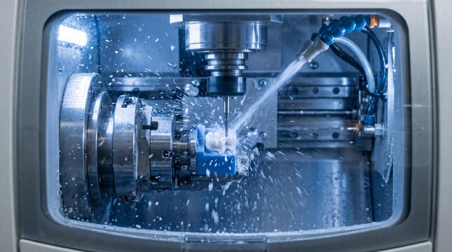 Dental CAD CAM milling machine carving a ceramic crown in a modern laboratory