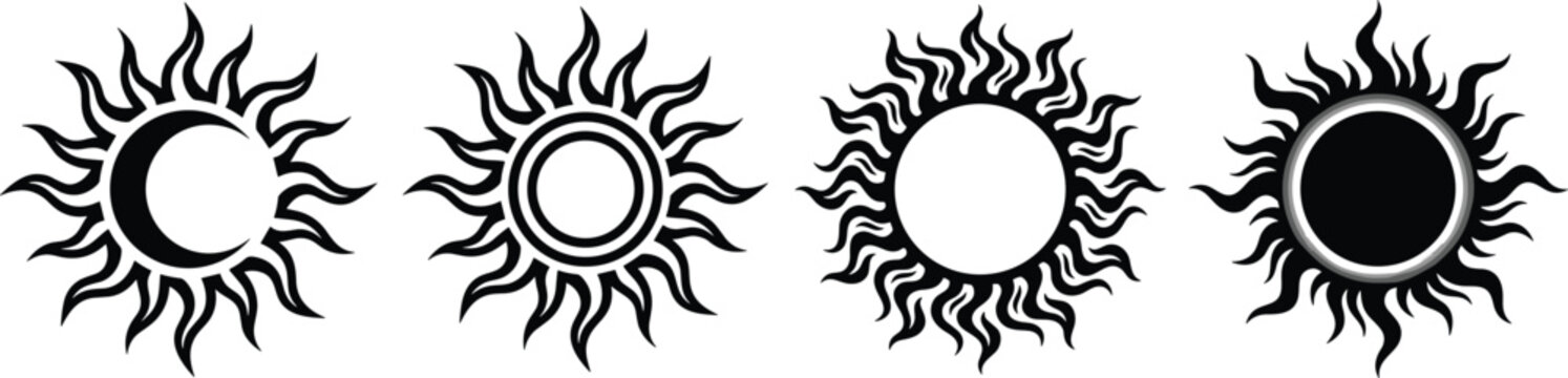 Tribal Celestial Sun and Moon Eclipse Silhouette Icon Set with Mystical Rays, Pagan, Astrological, Boho, and Tattoo Design Symbols Vector Illustration