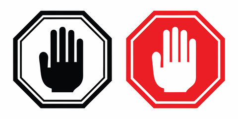 Octagonal Stop Signs With Hand Symbols Black And Red Versions © Tusar