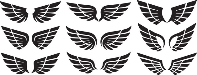 Fototapeta premium Eagle Wings Icon Set with Bold Black Tribal Linework for Tattoo Style and Graphic Design Elements Featuring Bird, Emblem, Logo