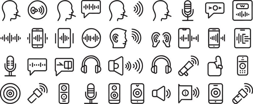 Headphones Audio Communication Icon Set with Speech Bubbles, Microphones, Volume Signals, and Smartphone Wave Symbols