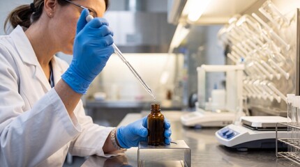 Fototapeta premium Female pharmacist using pipette to drip liquid into amber glass bottle in lab