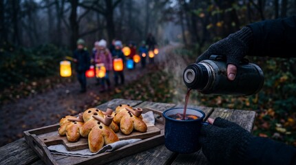 Pouring hot punch with Stutenkerl bread during St. Martin's Day parade