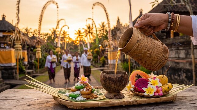Pouring ginger tea with jaja uli offerings during Galungan festival in Bali.